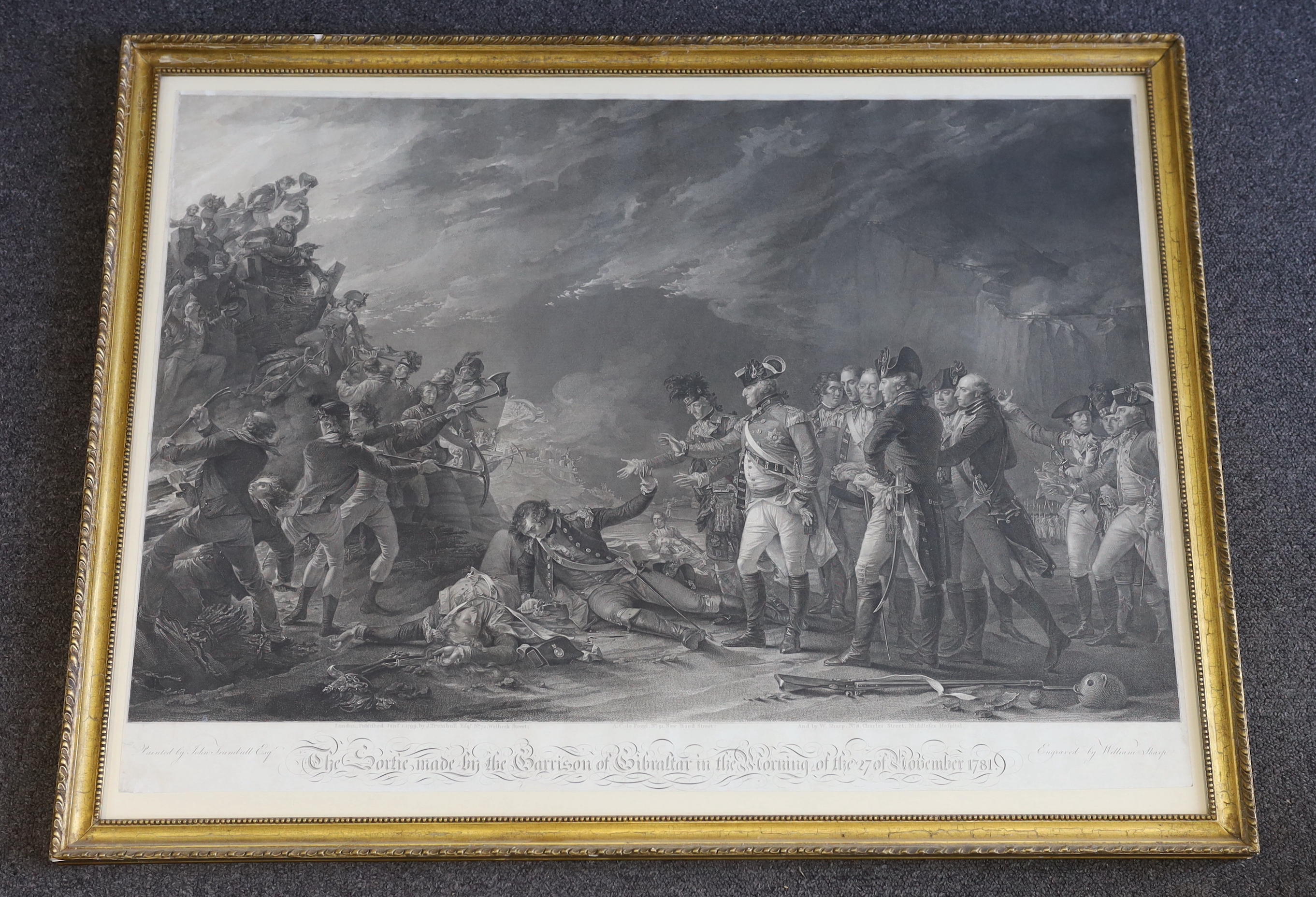 William Sharp after John Trumbull, line engraving, 'The Sortie made by the Garrison of Gibraltar in the storming of the 27 of November 1781', published by Trumbull 1799, sheet overall 56 x 77cm